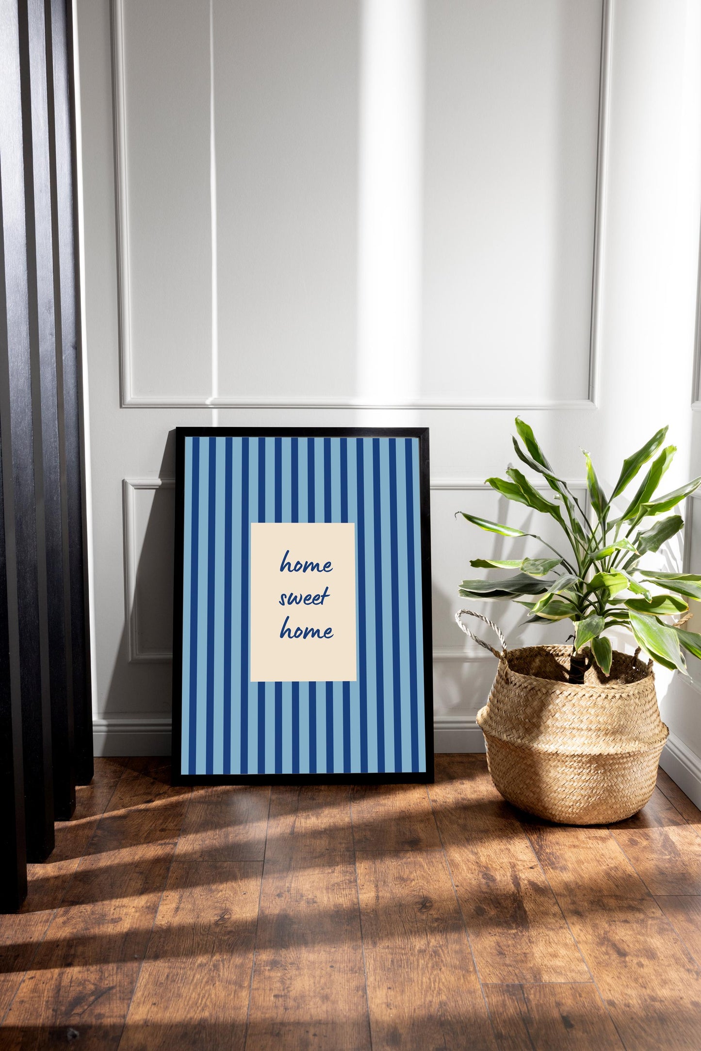 Home Sweet Home Print, Blue Stripe Wall Art, Uplifting Quote Poster