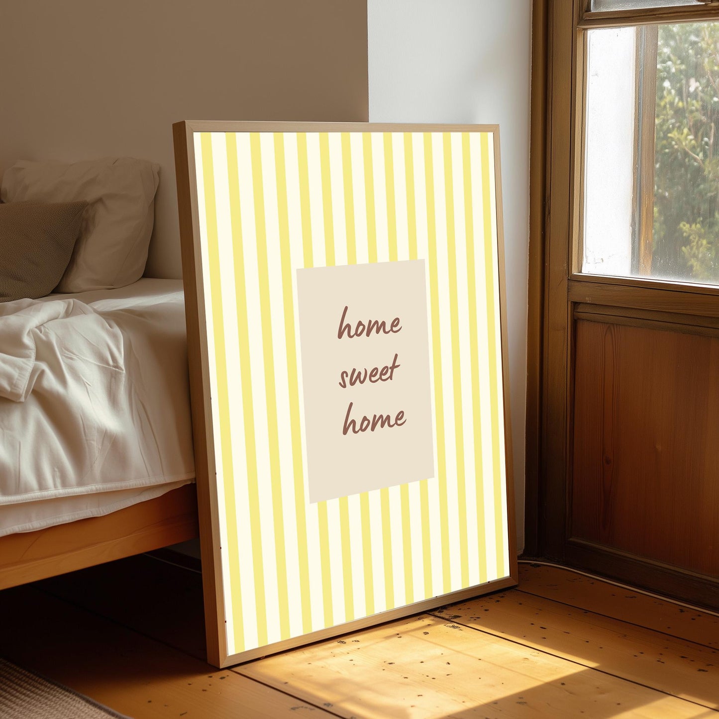 Home Sweet Home Print, Yellow Stripe Wall Art, Uplifting Quote Poster