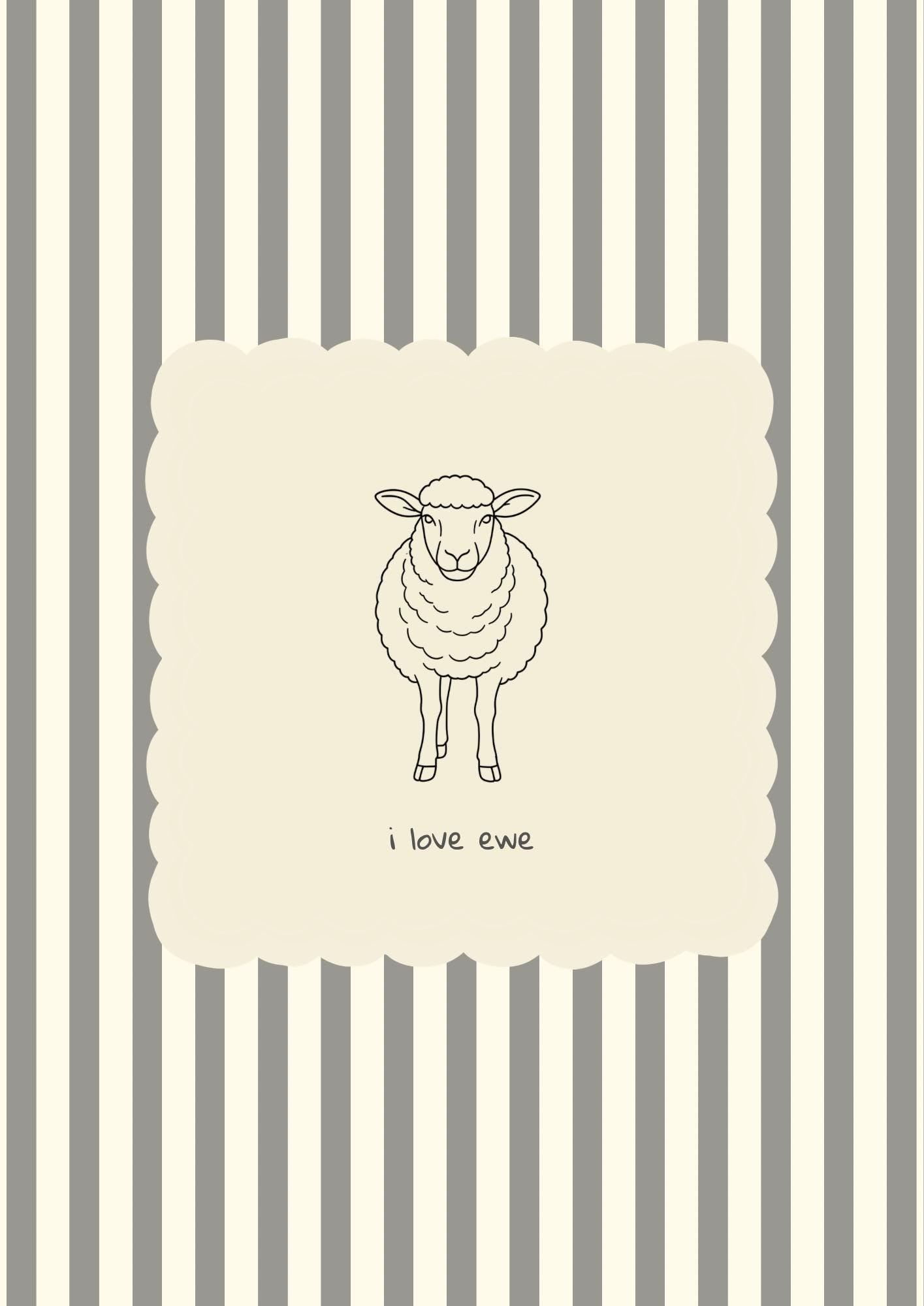 I Love Ewe Sheep Print, Charcoal Silhouette Folk Art Wall Decor