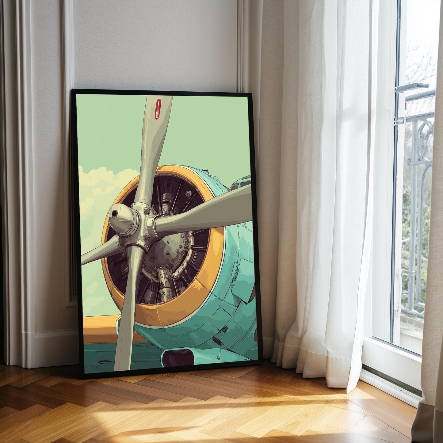 Vintage Airplane Propeller Poster, Japanese Style Aviation Illustration, Minimal Aircraft Wall Art