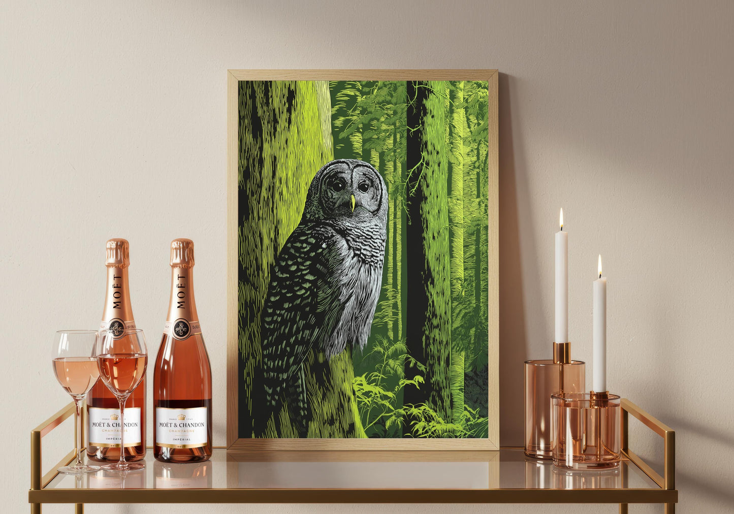 Woodland Owl Linocut Print, Black and White Forest Bird Art, Olive Green Wall Decor