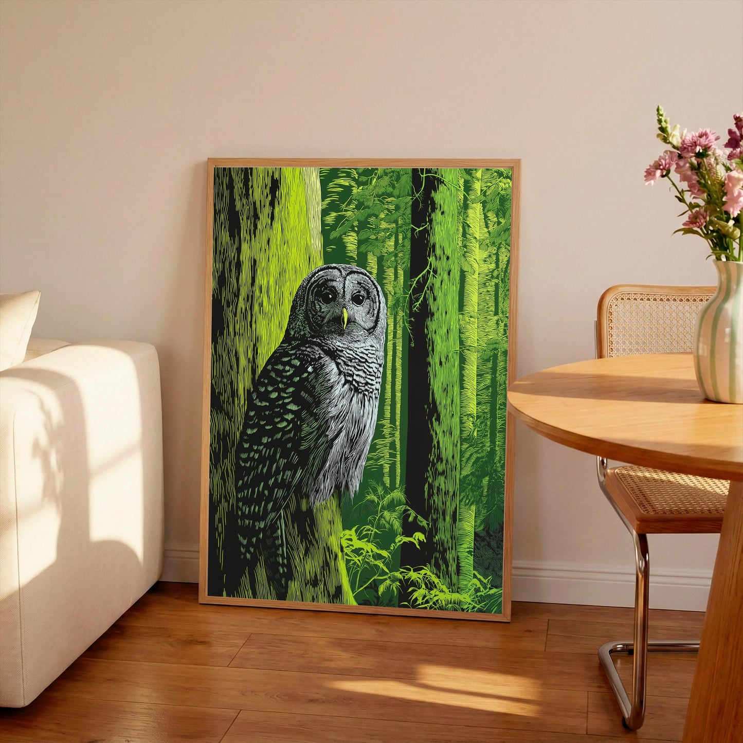 Woodland Owl Linocut Print, Black and White Forest Bird Art, Olive Green Wall Decor