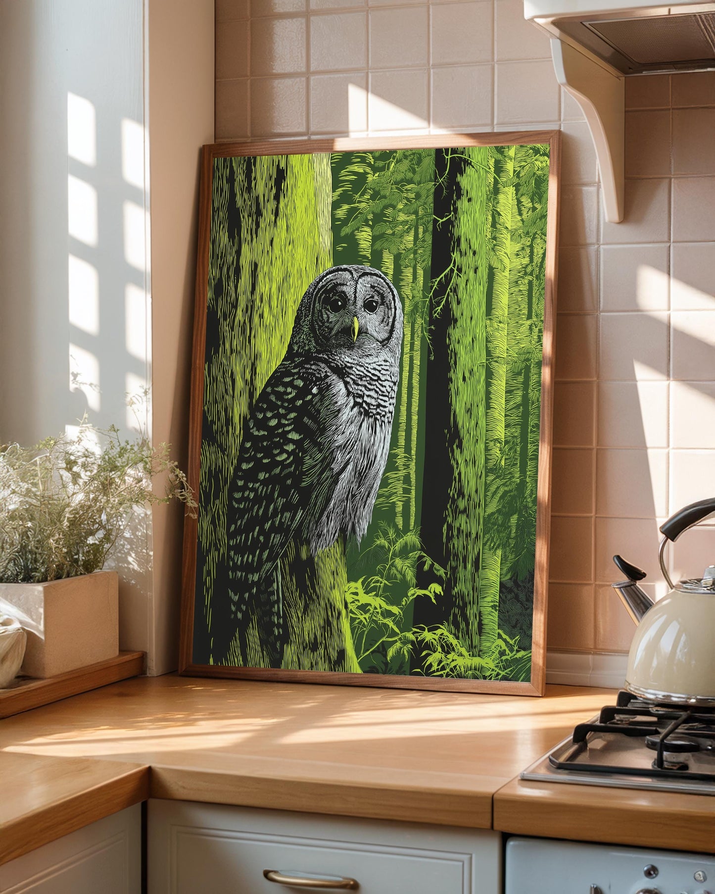 Woodland Owl Linocut Print, Black and White Forest Bird Art, Olive Green Wall Decor