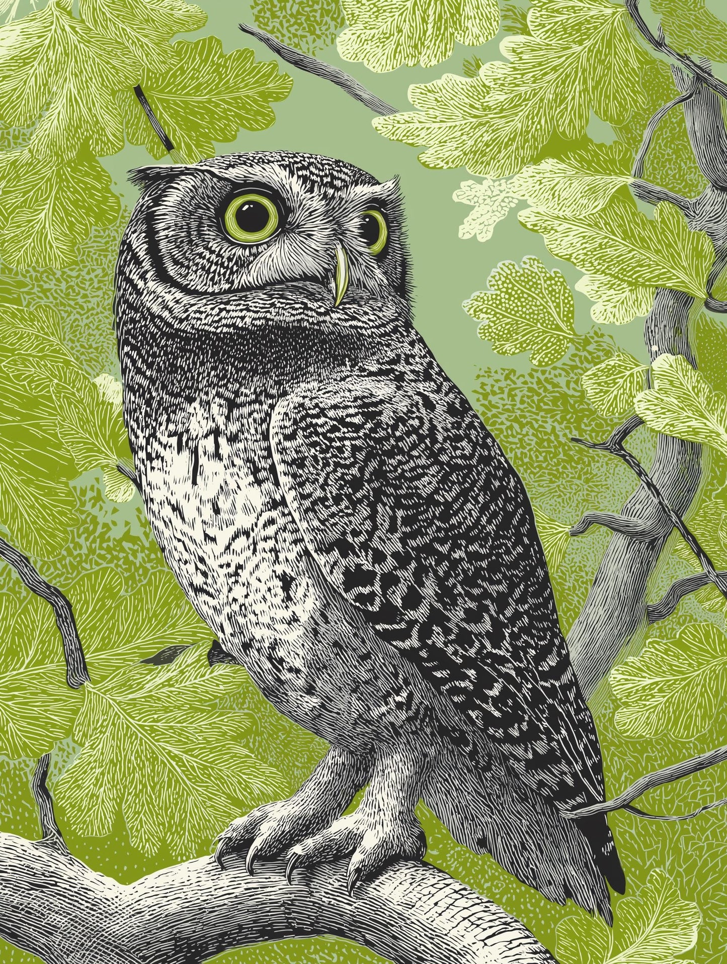 Woodland Owl Linocut Print, Black White Bird Art, Forest Nature Wall Decor, Olive Green