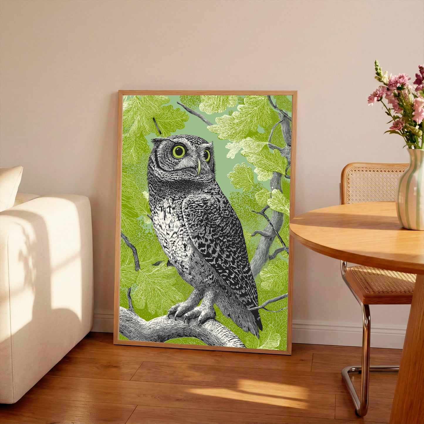 Woodland Owl Linocut Print, Black White Bird Art, Forest Nature Wall Decor, Olive Green