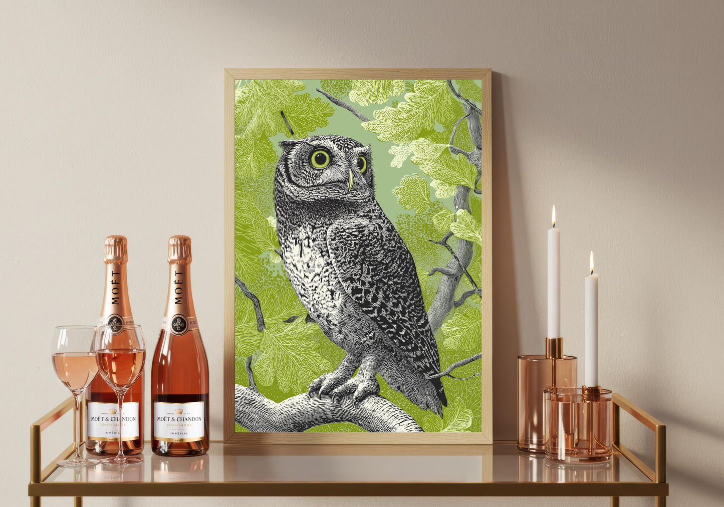Woodland Owl Linocut Print, Black White Bird Art, Forest Nature Wall Decor, Olive Green