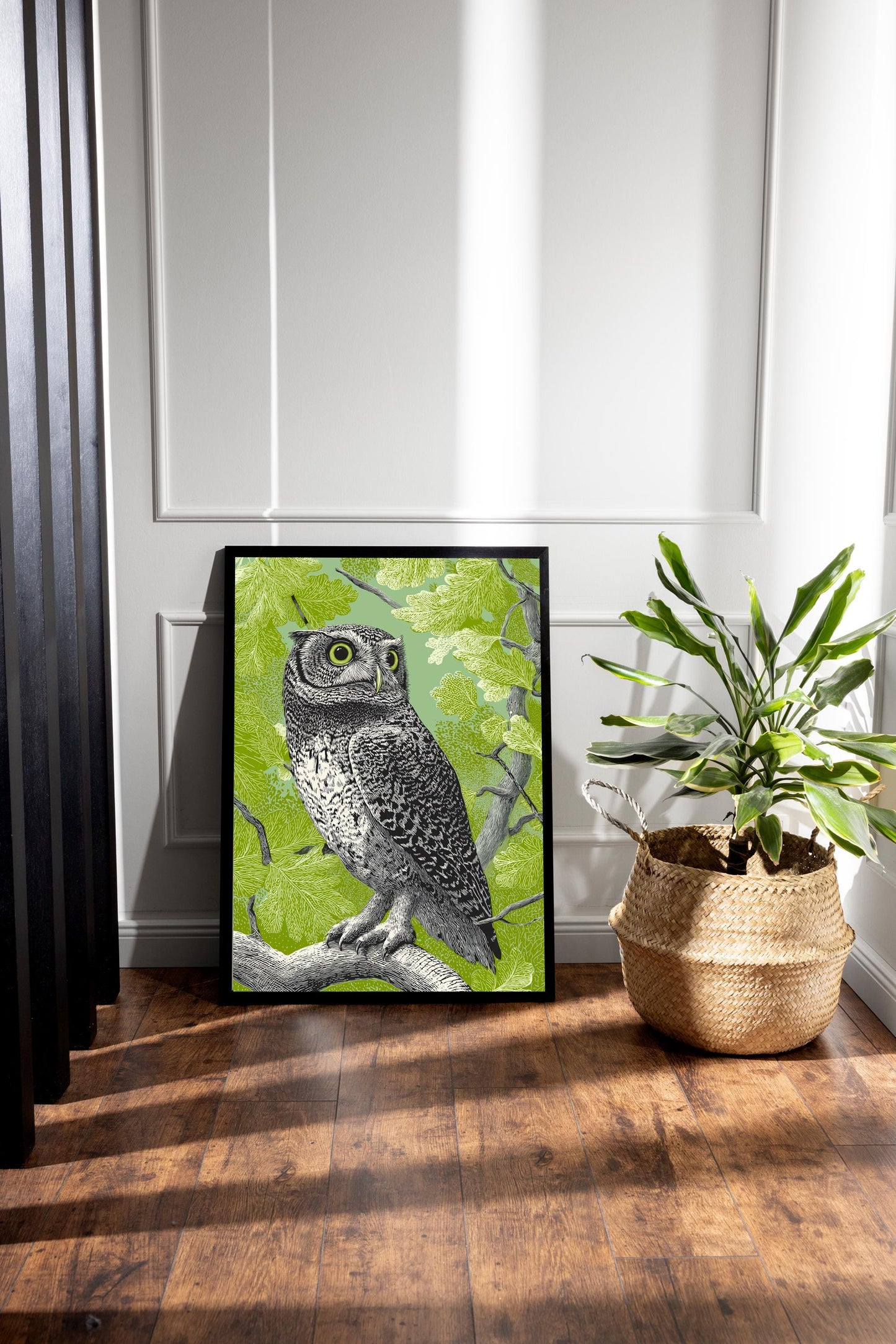 Woodland Owl Linocut Print, Black White Bird Art, Forest Nature Wall Decor, Olive Green