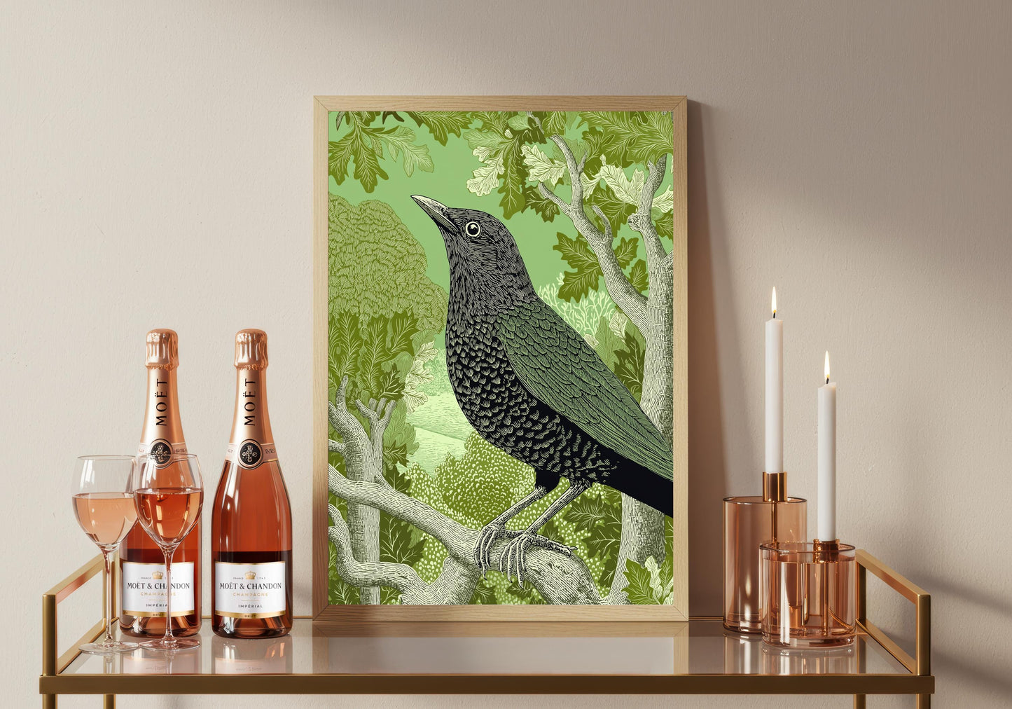 Blackbird Linocut Style Print, Black and White Bird Art, Forest Nature Wall Decor, Green
