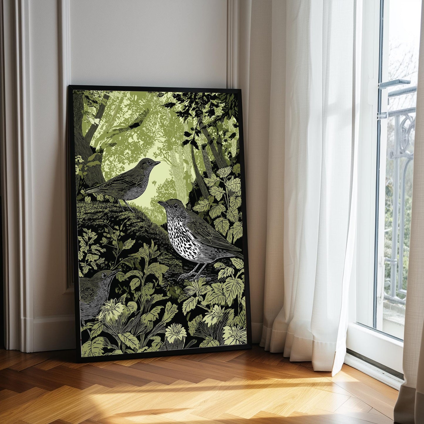 Thrush Linocut Style Print, Black and White Bird Art, Forest Nature Wall Decor, Green