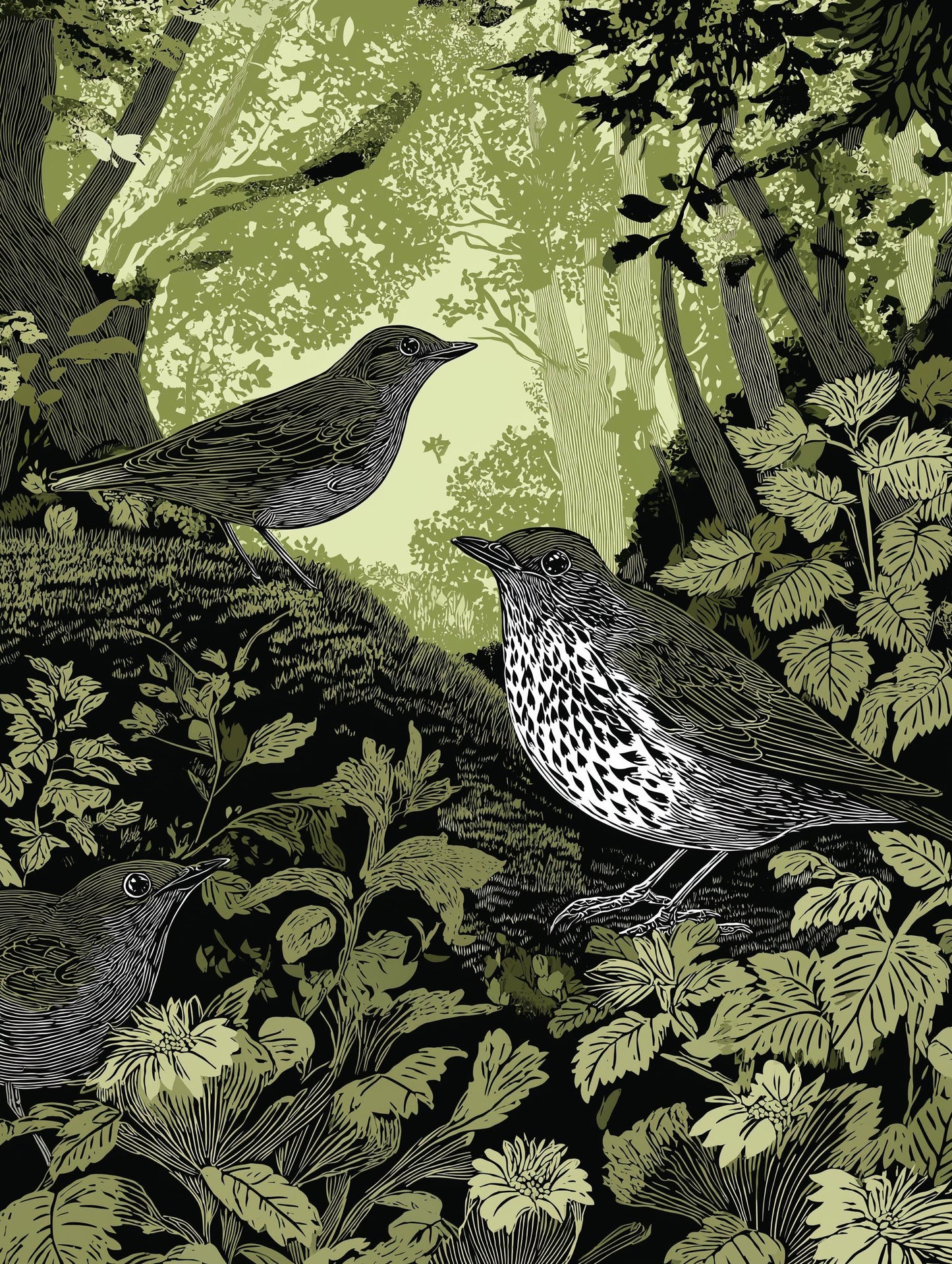 Thrush Linocut Style Print, Black and White Bird Art, Forest Nature Wall Decor, Green