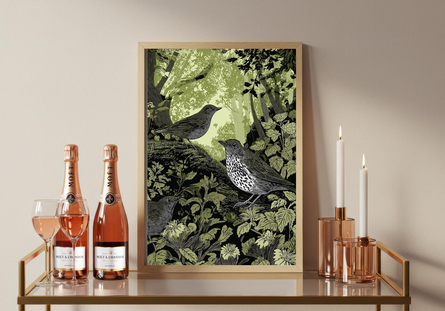 Thrush Linocut Style Print, Black and White Bird Art, Forest Nature Wall Decor, Green