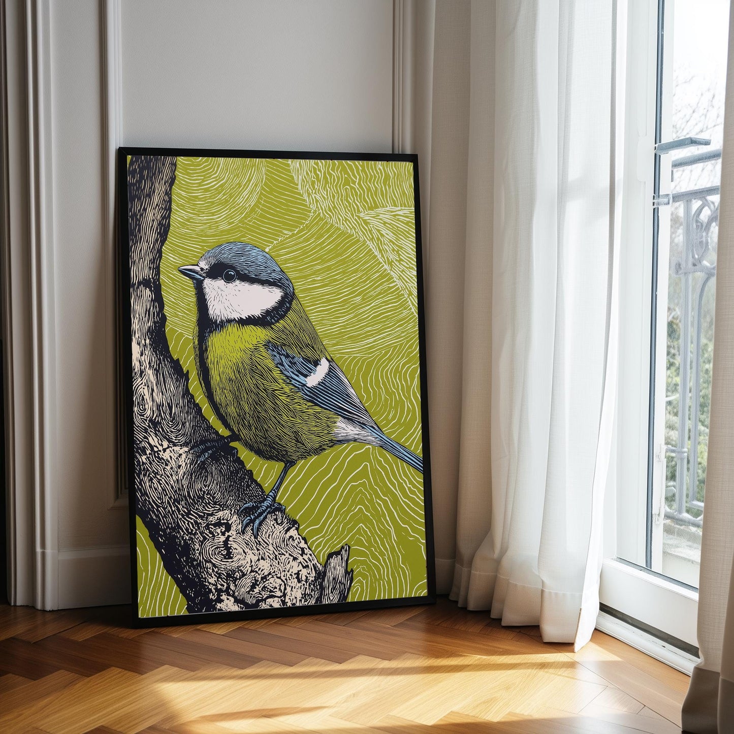 Blue Tit Linocut Style Print, Black and White Bird Art, Forest Nature Wall Decor, Green