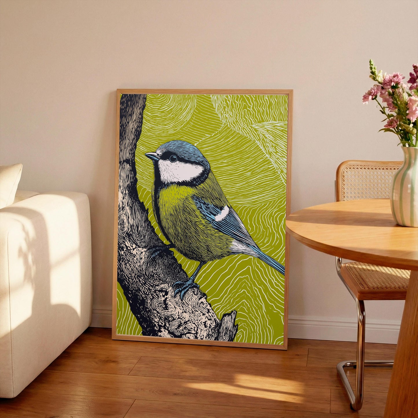 Blue Tit Linocut Style Print, Black and White Bird Art, Forest Nature Wall Decor, Green