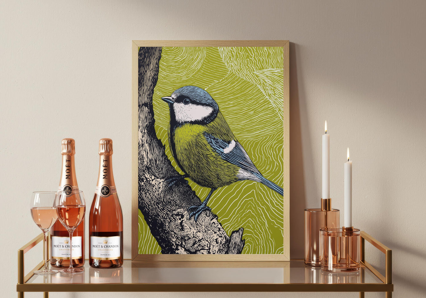 Blue Tit Linocut Style Print, Black and White Bird Art, Forest Nature Wall Decor, Green