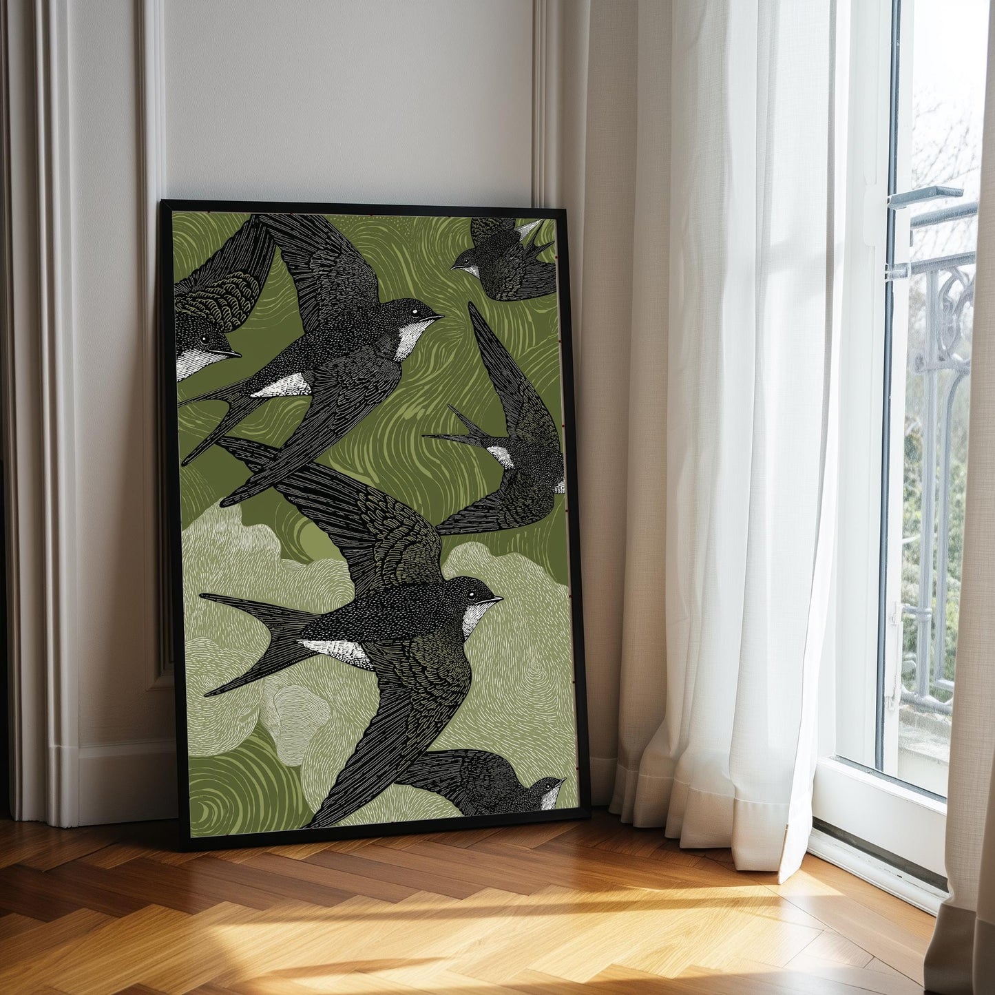Flying Swallows Linocut Print, Black White Bird Art, Olive Green Nature Wall Decor