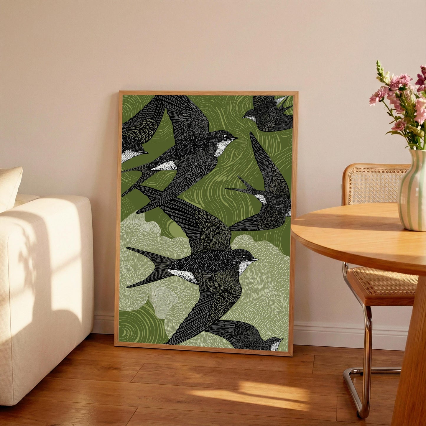 Flying Swallows Linocut Print, Black White Bird Art, Olive Green Nature Wall Decor