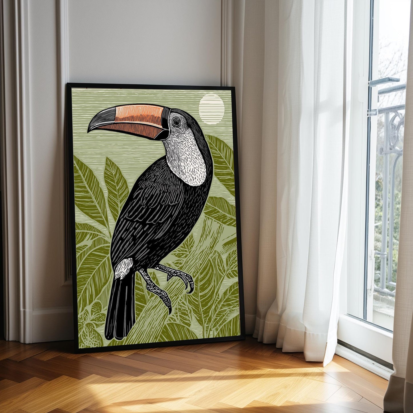 Toucan Linocut Style Print, Black and White Bird Art, Forest Nature Wall Decor, Green
