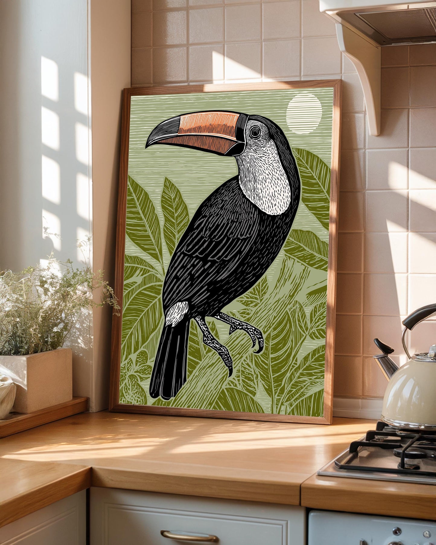 Toucan Linocut Style Print, Black and White Bird Art, Forest Nature Wall Decor, Green