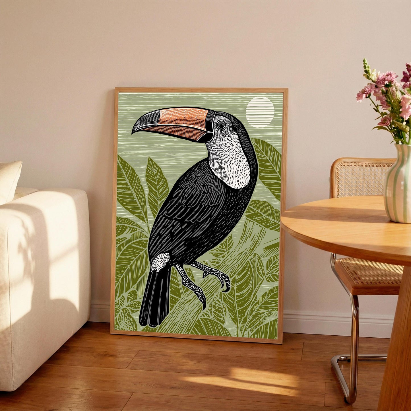 Toucan Linocut Style Print, Black and White Bird Art, Forest Nature Wall Decor, Green