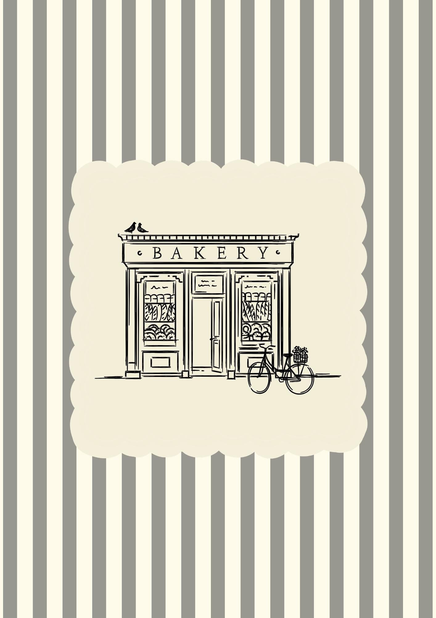 Vintage Bakery Store Poster – Black Ink Sketch, Cream Striped Kitchen Art