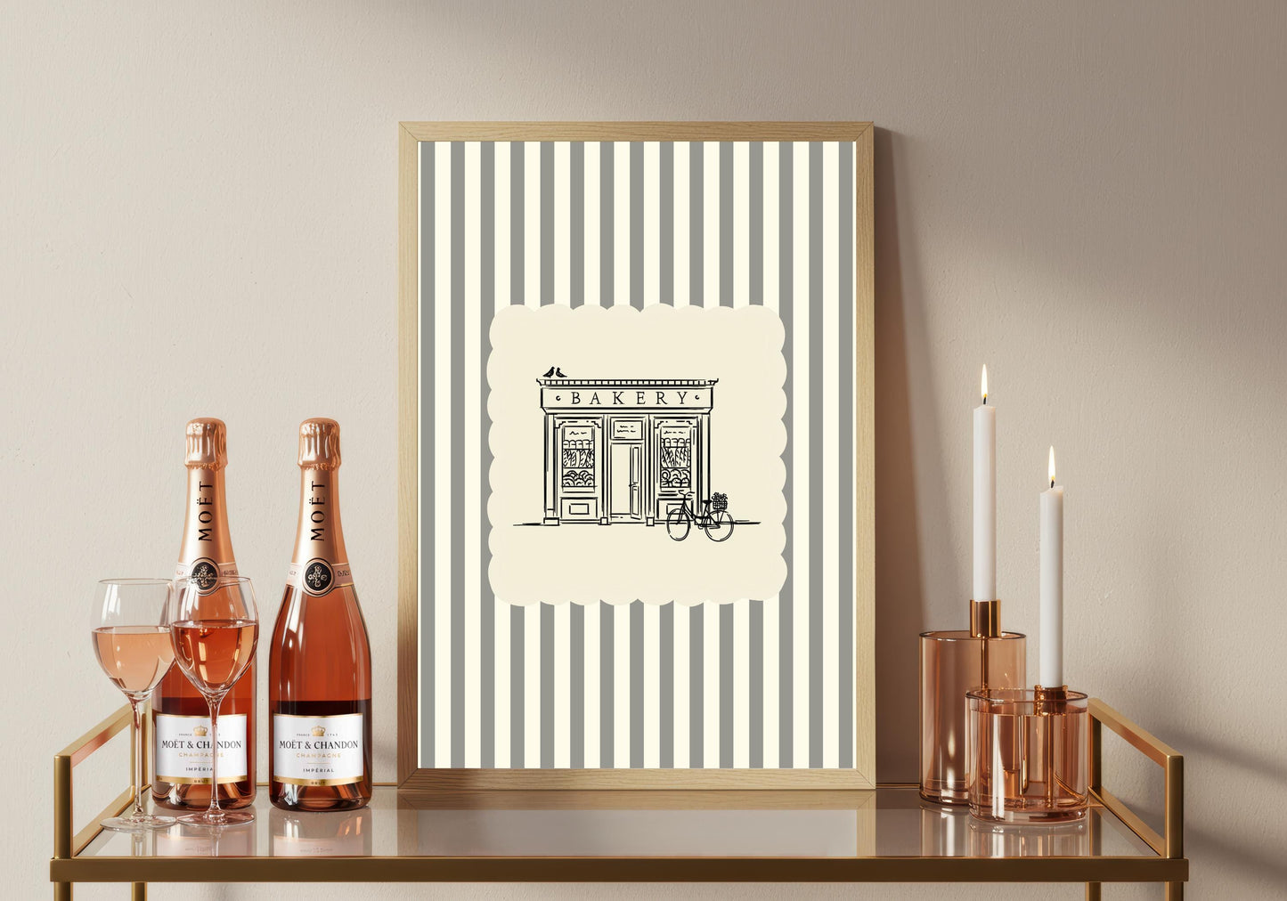 Vintage Bakery Store Poster – Black Ink Sketch, Cream Striped Kitchen Art