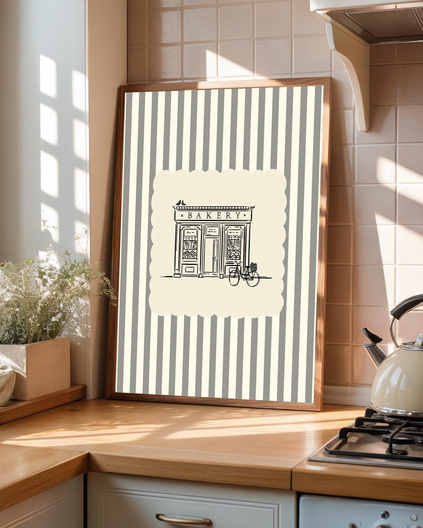 Vintage Bakery Store Poster – Black Ink Sketch, Cream Striped Kitchen Art