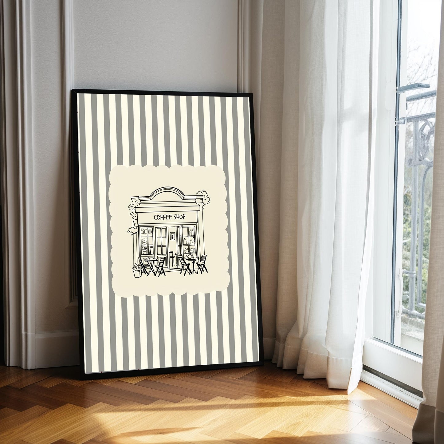 Vintage Coffee Shop Poster – Black Ink Sketch, Cream Striped Kitchen Art