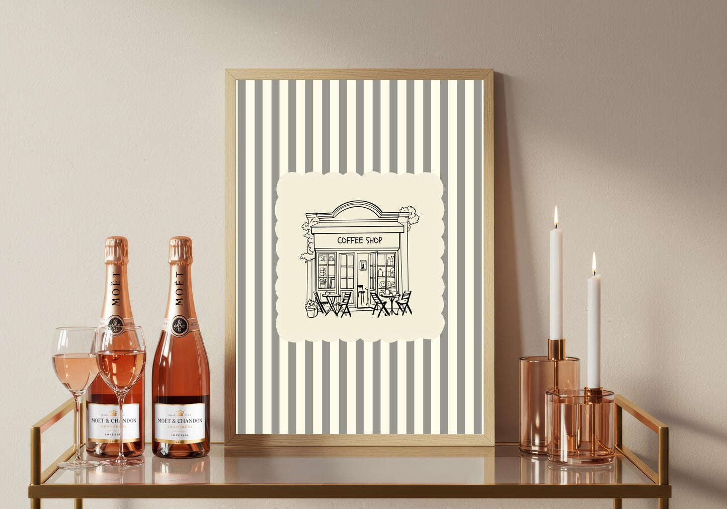 Vintage Coffee Shop Poster – Black Ink Sketch, Cream Striped Kitchen Art