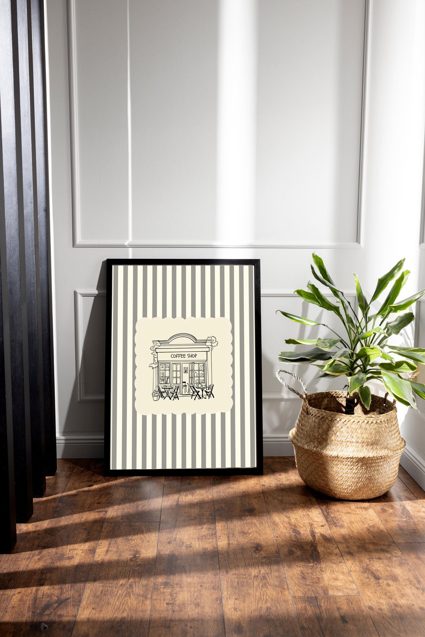 Vintage Coffee Shop Poster – Black Ink Sketch, Cream Striped Kitchen Art