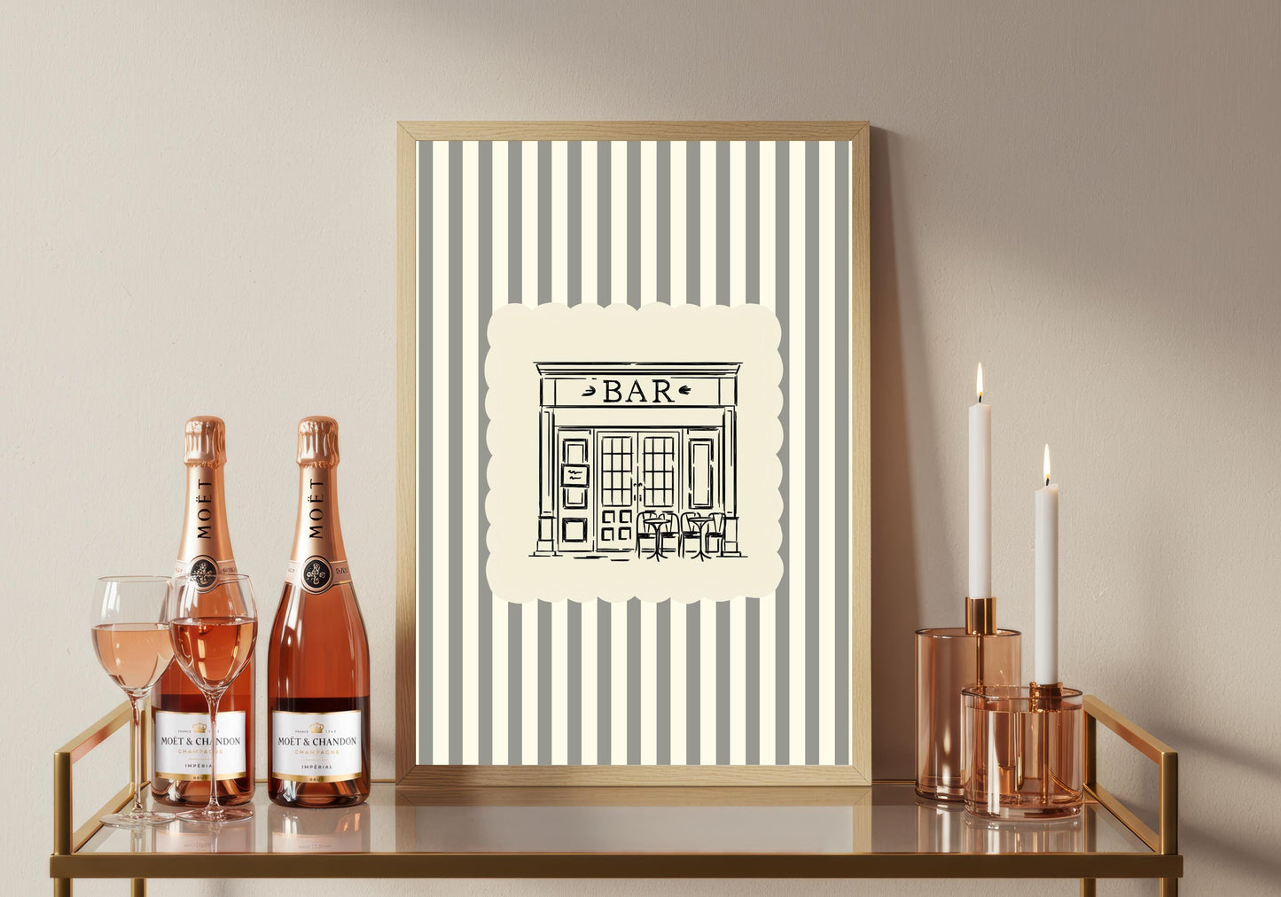 Vintage Bar Poster – Black Ink Sketch, Cream Striped Kitchen Art