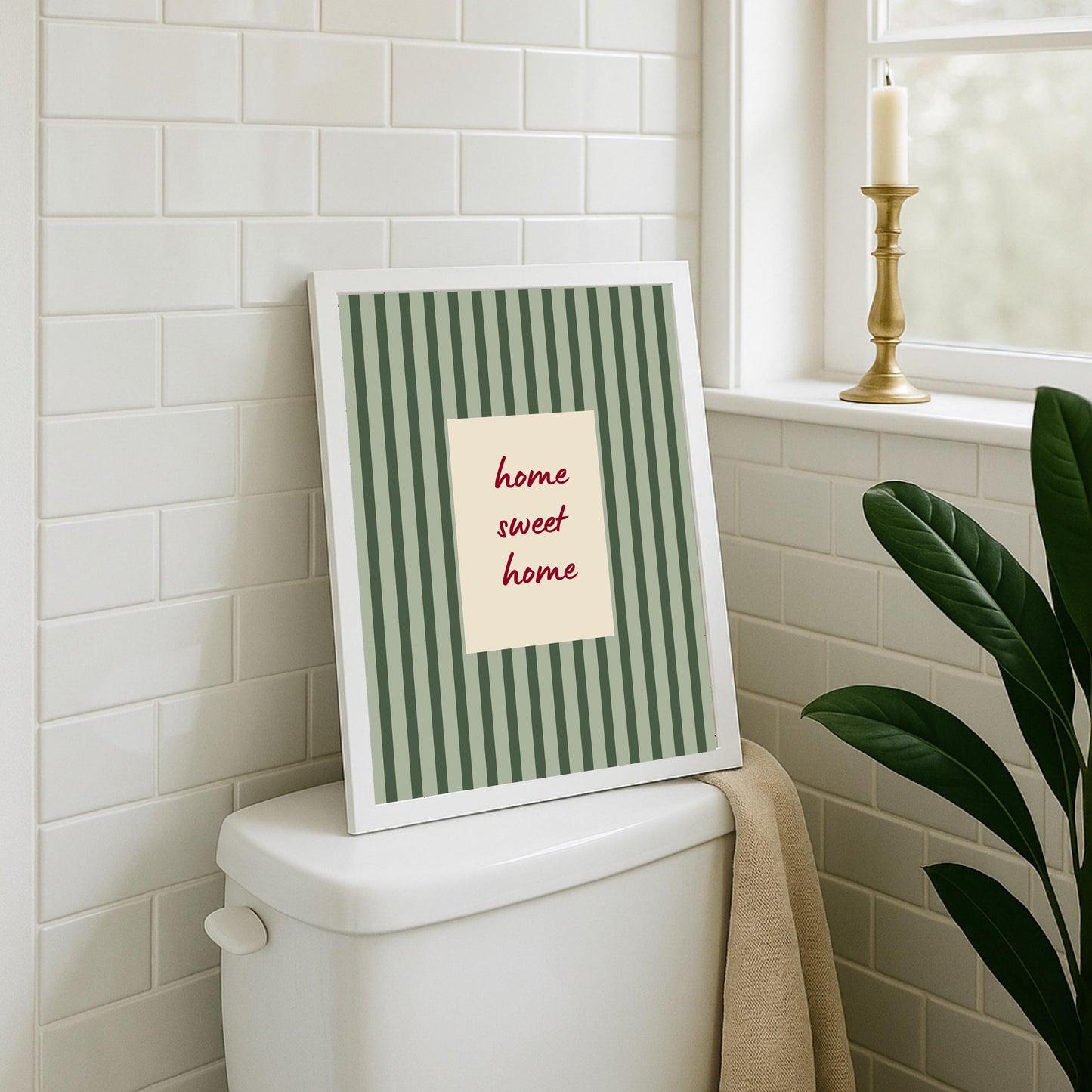Home Sweet Home Print, Heritage Green Stripe Wall Art, Rustic Cottage Warmth