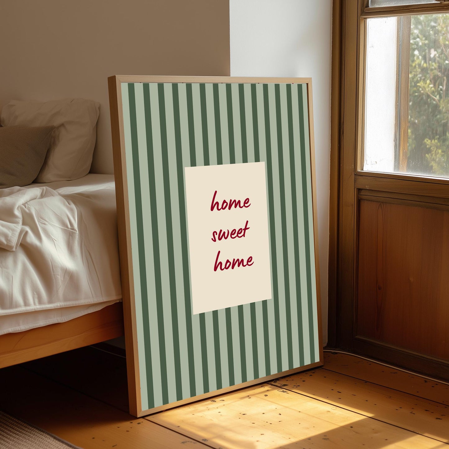 Home Sweet Home Print, Heritage Green Stripe Wall Art, Rustic Cottage Warmth