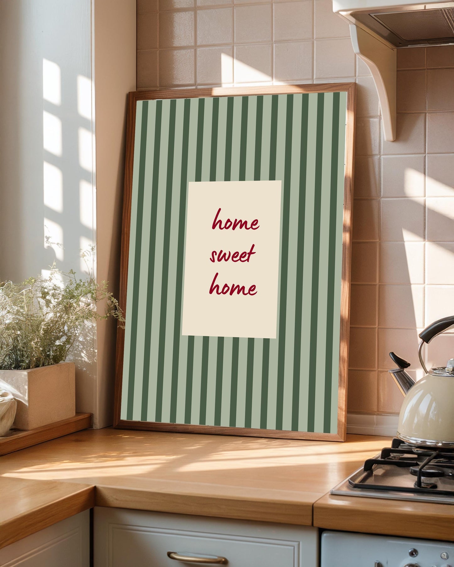 Home Sweet Home Print, Heritage Green Stripe Wall Art, Rustic Cottage Warmth