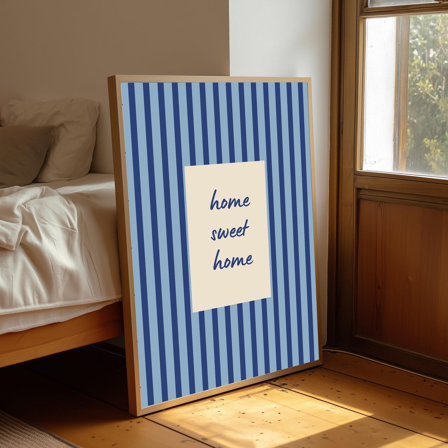 Home Sweet Home Print, Blue Stripe Wall Art, Uplifting Quote Poster