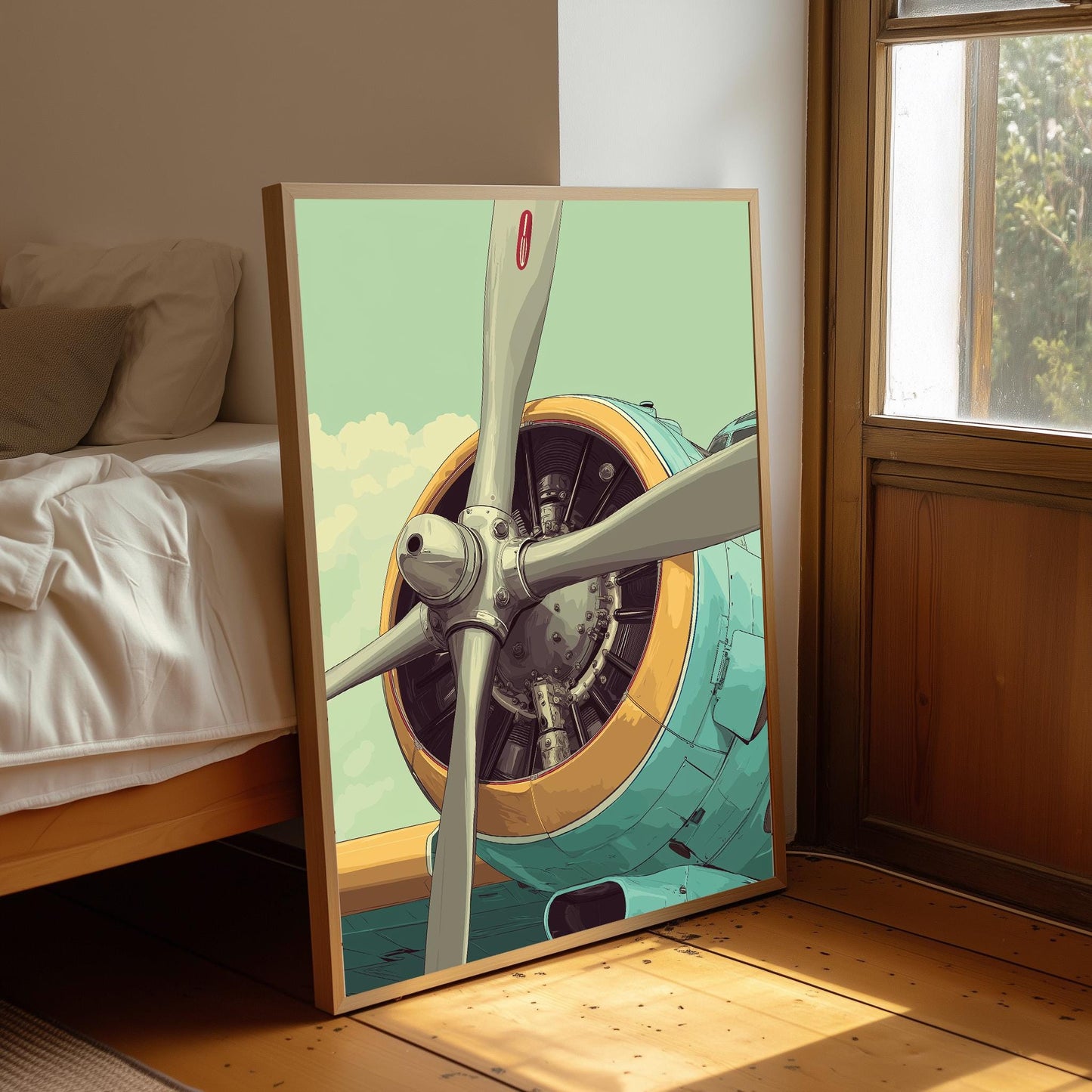 Vintage Airplane Propeller Poster, Japanese Style Aviation Illustration, Minimal Aircraft Wall Art