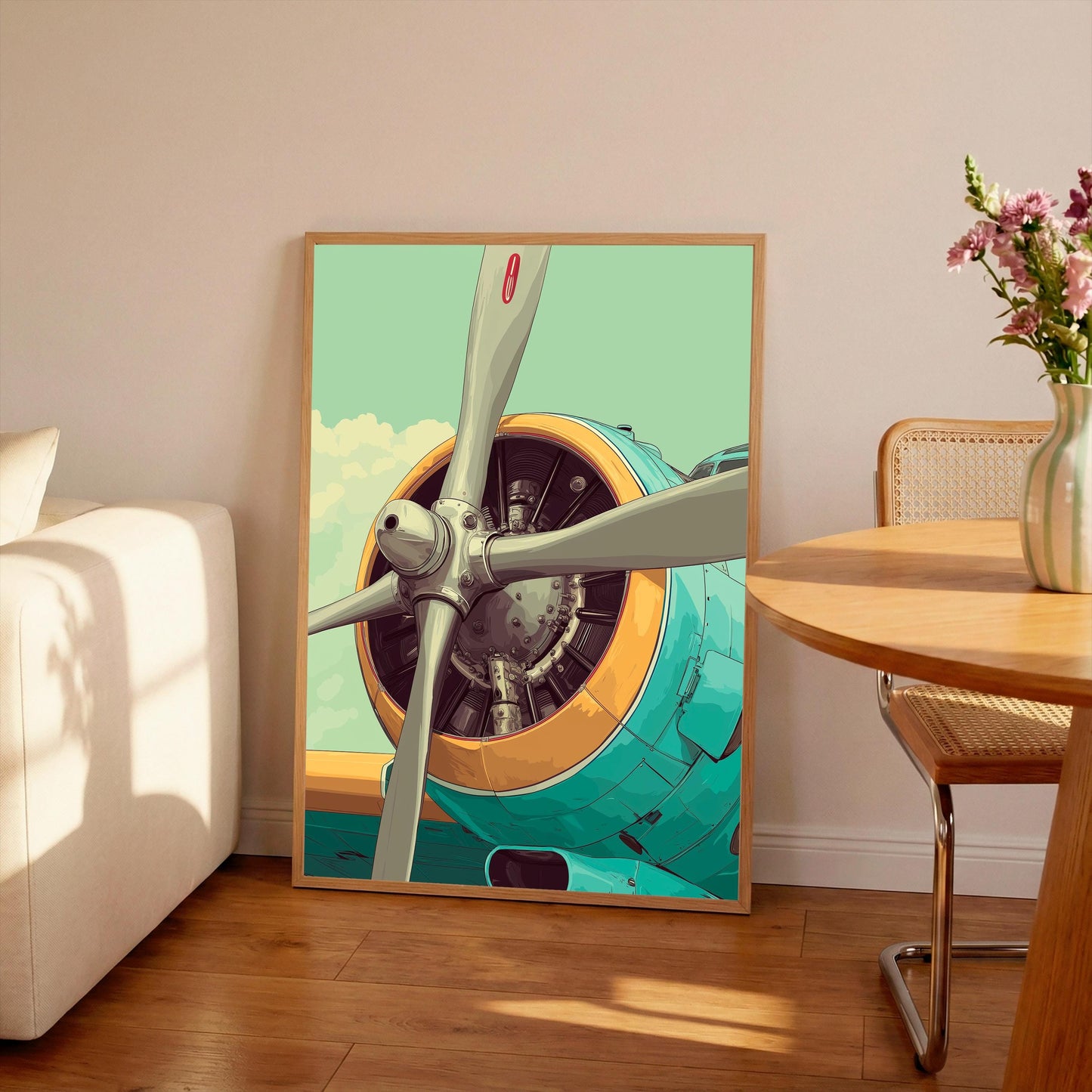 Vintage Airplane Propeller Poster, Japanese Style Aviation Illustration, Minimal Aircraft Wall Art