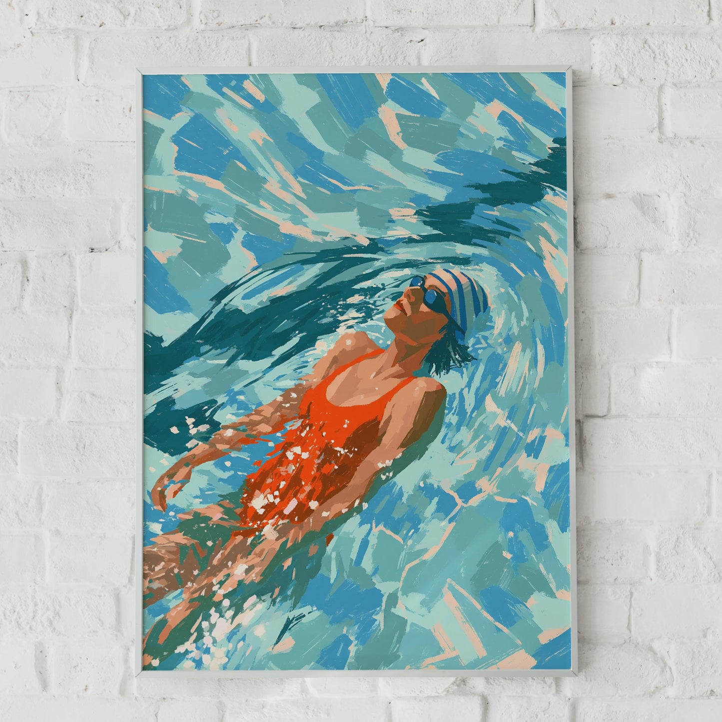 Female Swimmer Art Print, Red Swimsuit Pool Poster, Summer Swimming Wall Art, Teal Blue Decor