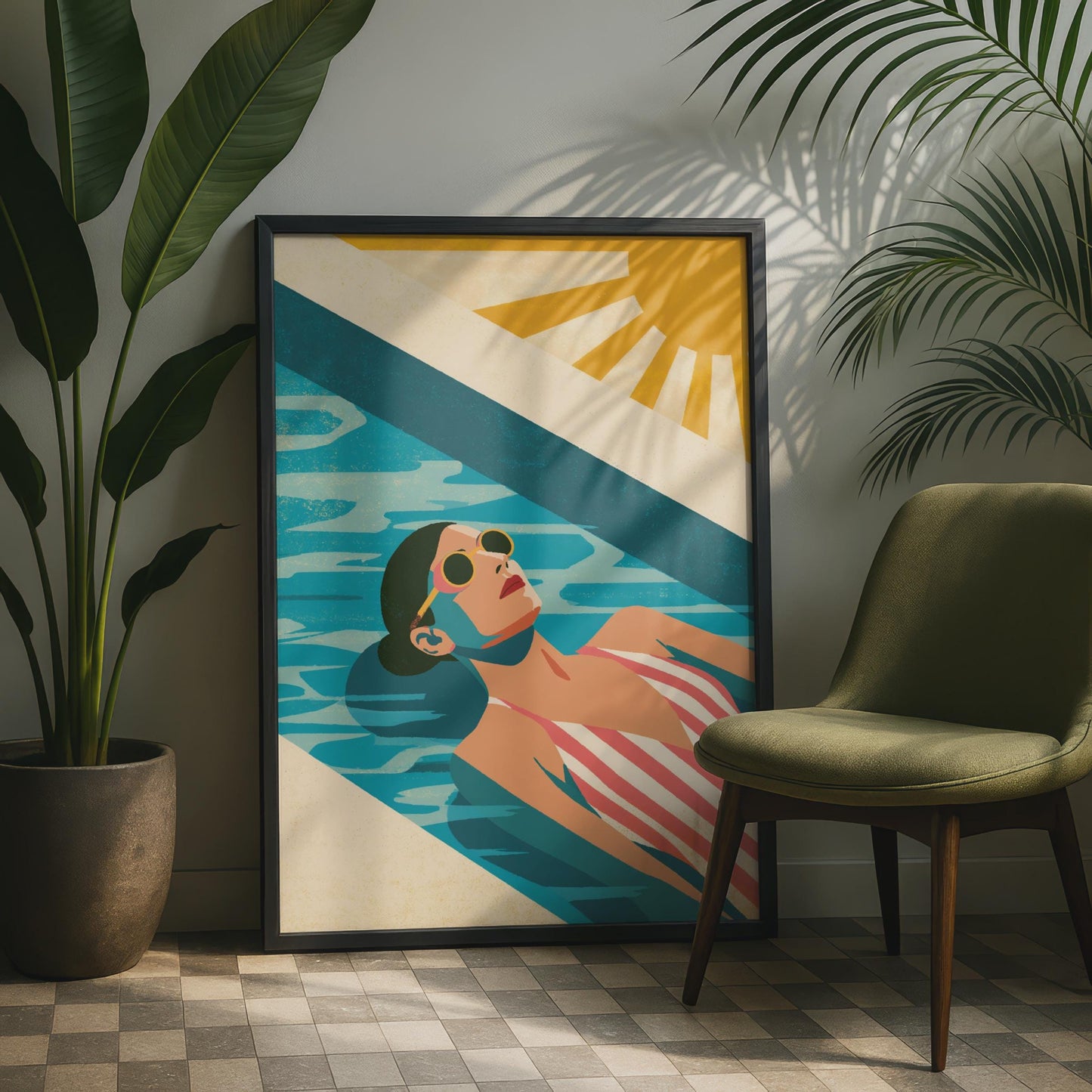 Summer Pool Art Print, Retro Woman Sunbathing Poster, Vintage Sun Wall Art, Teal