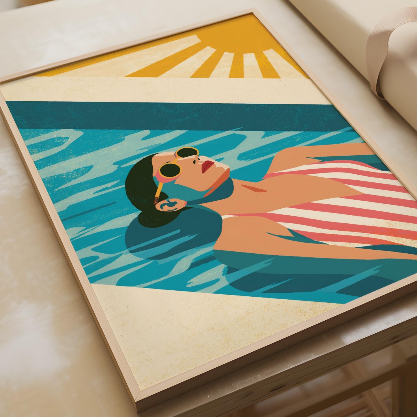 Summer Pool Art Print, Retro Woman Sunbathing Poster, Vintage Sun Wall Art, Teal