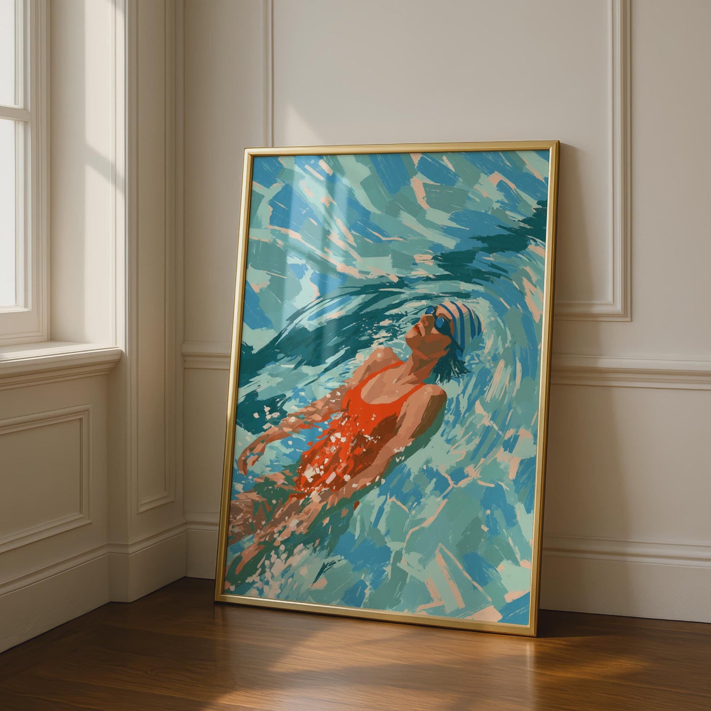 Female Swimmer Art Print, Red Swimsuit Pool Poster, Summer Swimming Wall Art, Teal Blue Decor