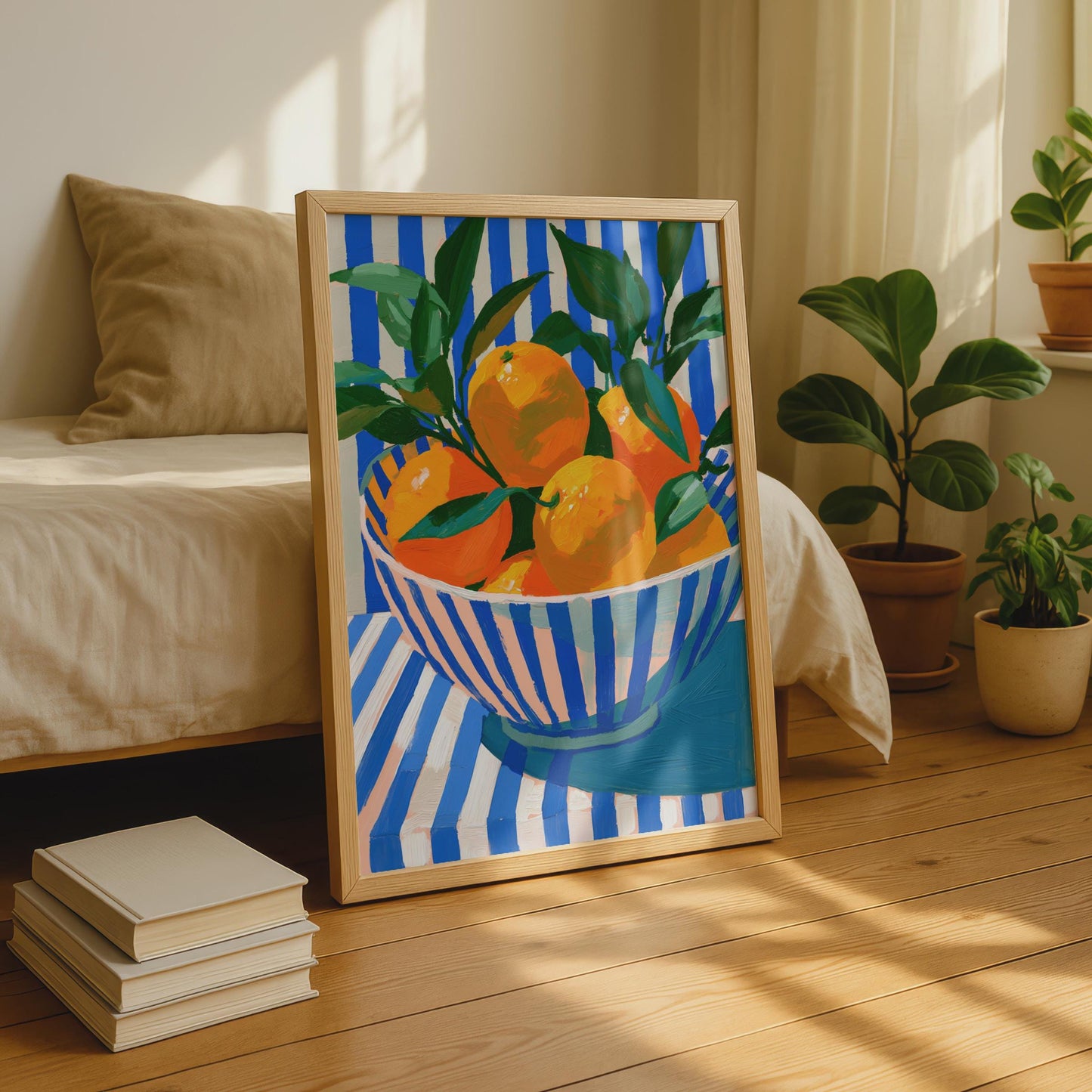 Bowl of Oranges Print, Colourful Fruit Still Life Poster, Blue Stripe Kitchen Wall Art