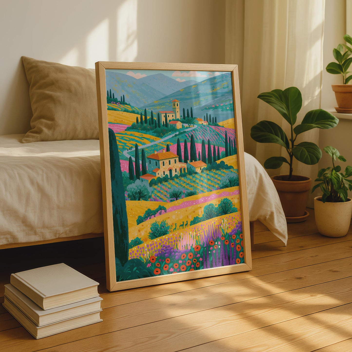 Italian Valley Print, Tuscany Landscape Poster, Colourful Italy Wall Art, Farmhouse Countryside