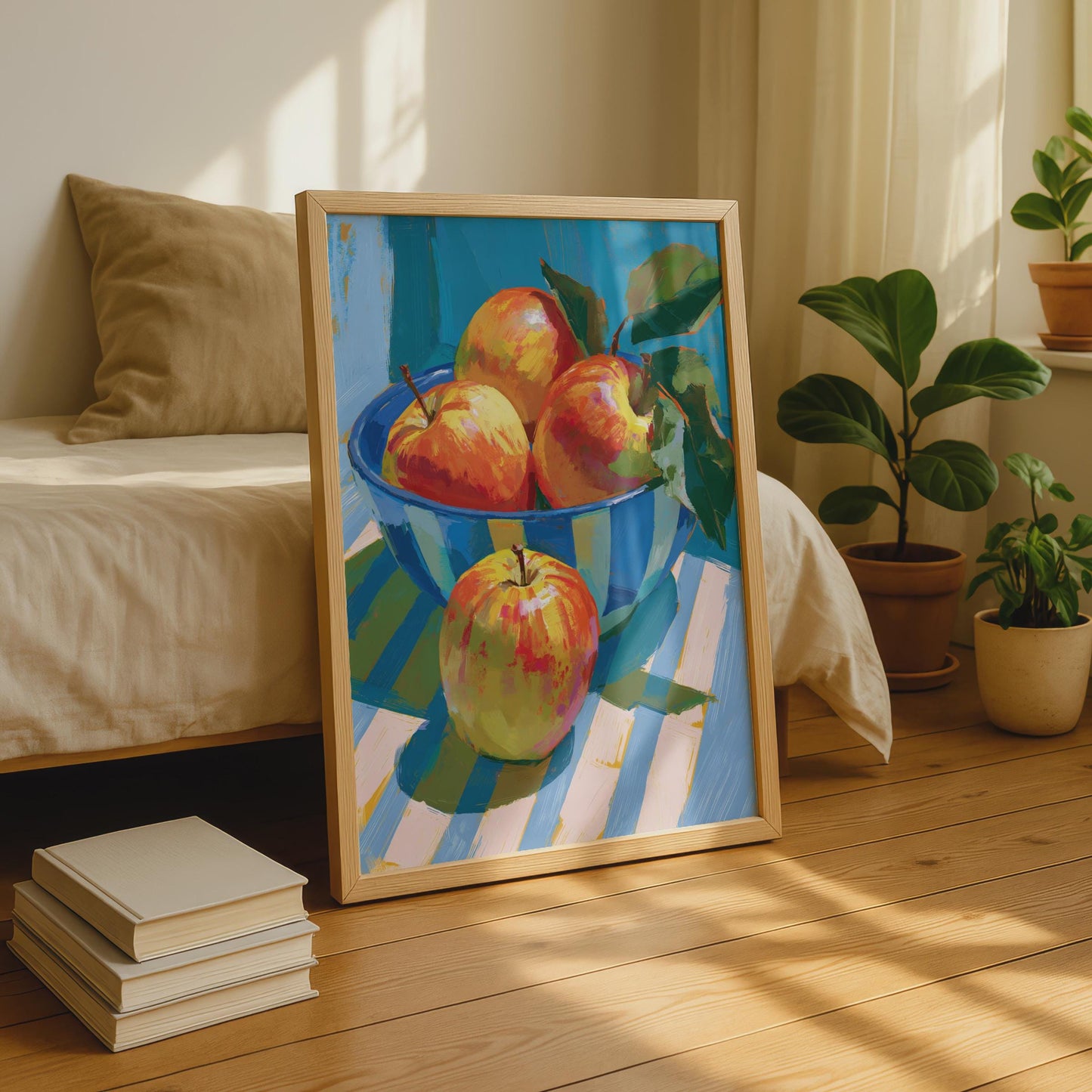 Bowl of Apples Still Life Print, Colourful Fruit Kitchen Wall Art, Blue Teal Poster