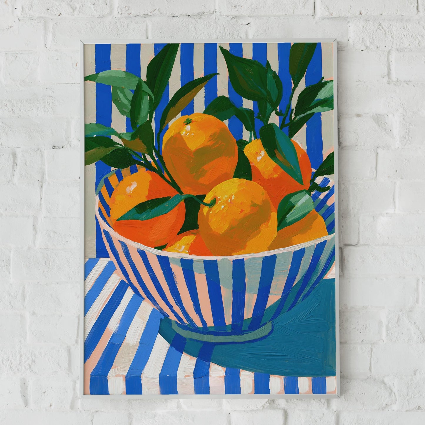 Bowl of Oranges Print, Colourful Fruit Still Life Poster, Blue Stripe Kitchen Wall Art