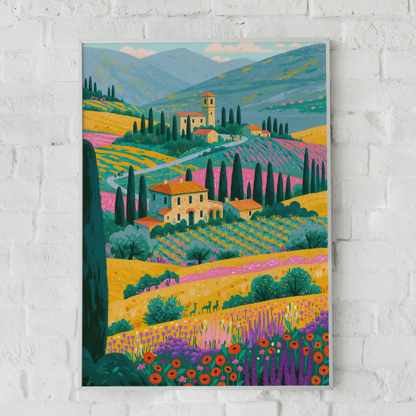 Italian Valley Print, Tuscany Landscape Poster, Colourful Italy Wall Art, Farmhouse Countryside