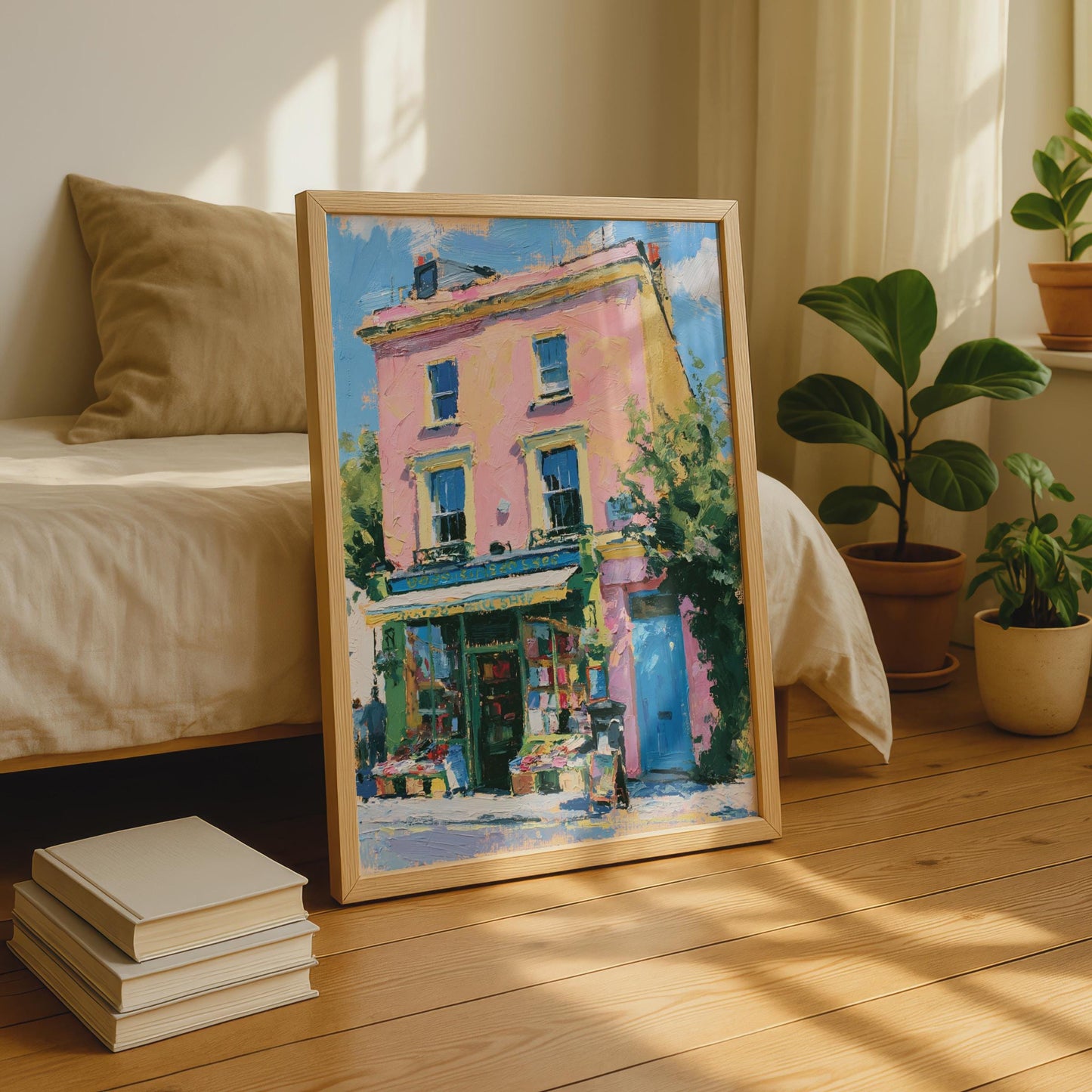 Bookshop Art Print, Colourful Street Scene Poster, Impasto Style Wall Art, Pink Building