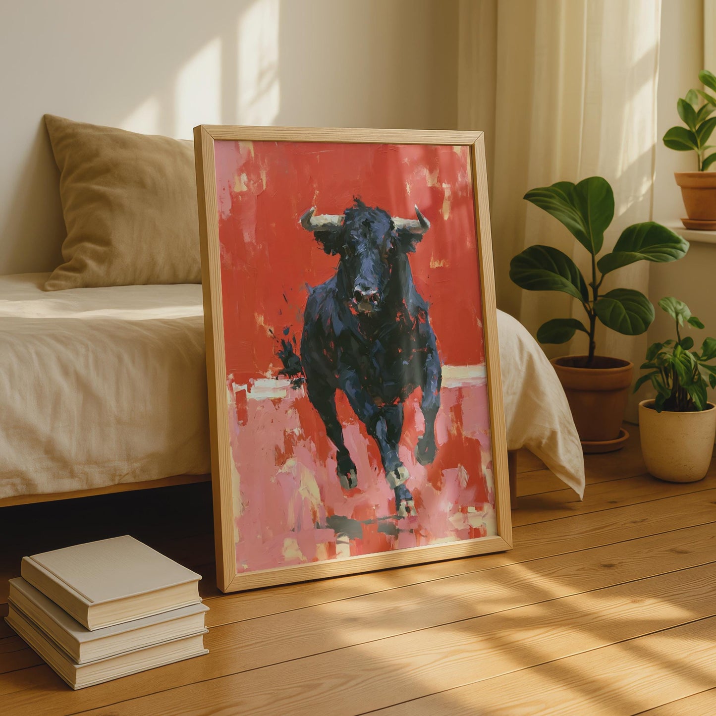 Black Bull Art Print, Red Abstract Animal Poster, Bold Expressionist Wall Art