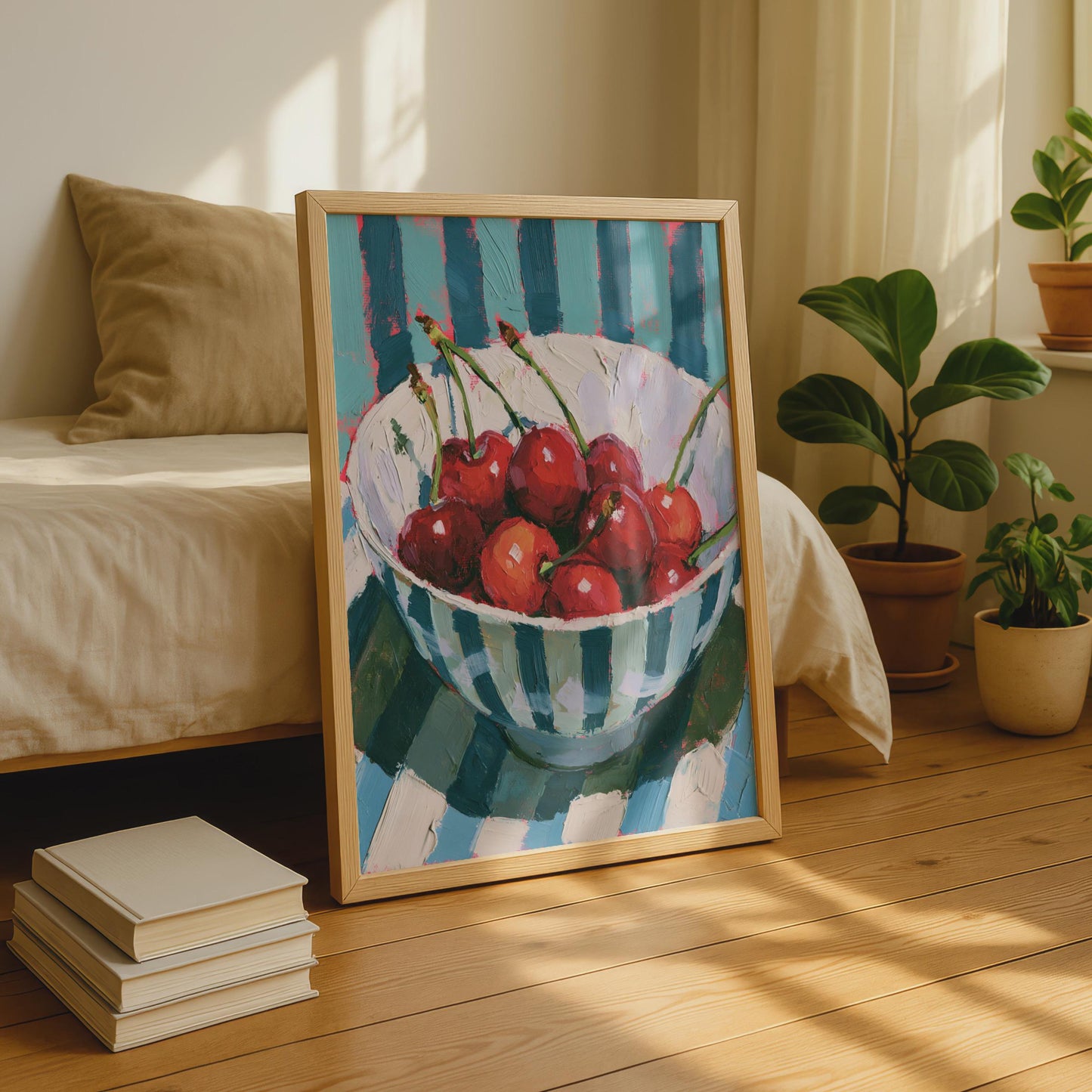 Bowl of Cherries Art Print, Still Life Fruit Poster, Teal Stripe Kitchen Wall Decor