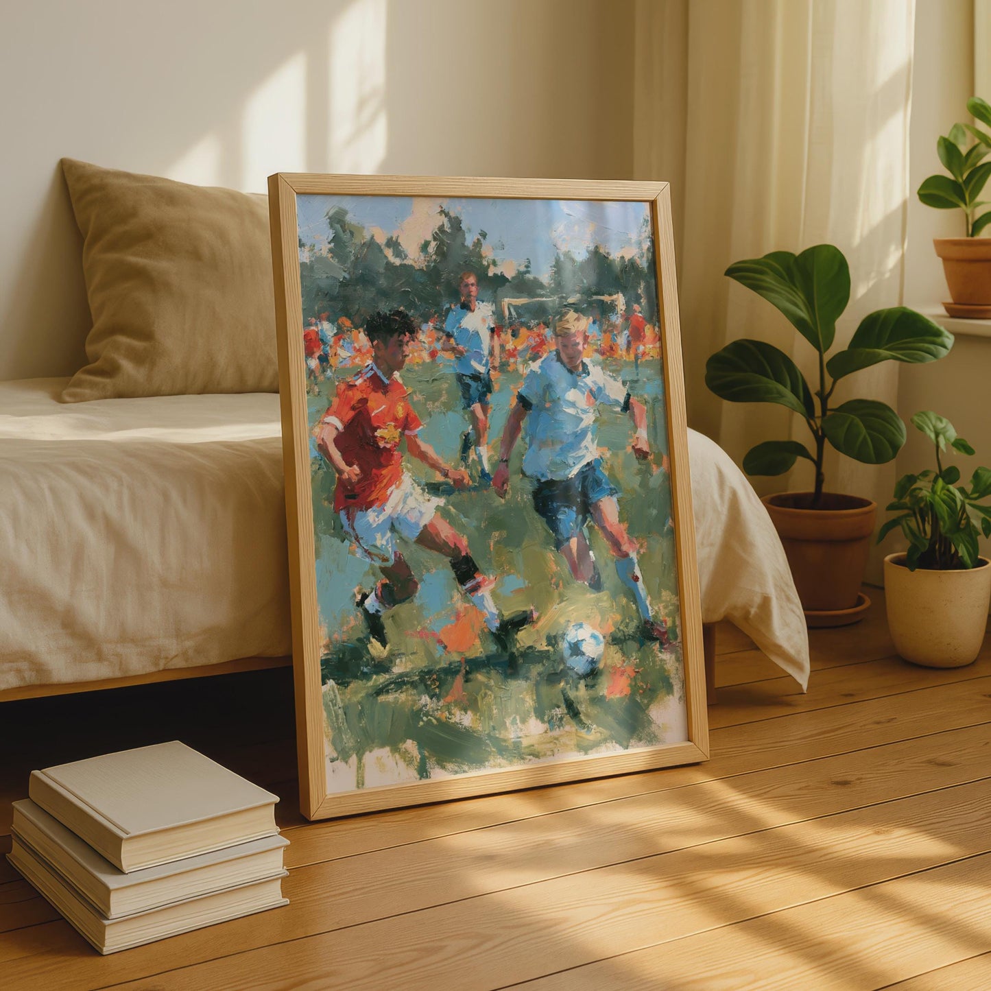 Football Match Art Print, Oil Painting Style Soccer Poster, Boys Playing Football Wall Art