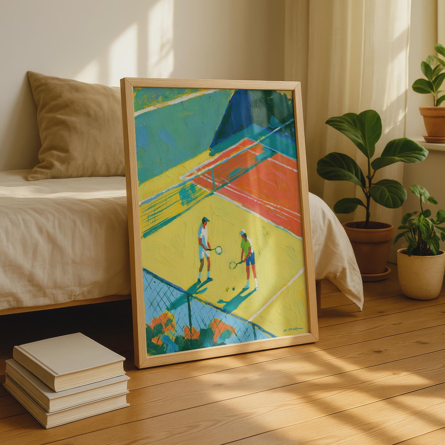 Tennis Court Art Print, Colourful Sport Poster, Bold Painterly Wall Art, Yellow Blue